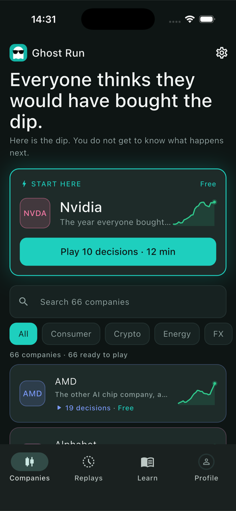 The Ghost Run home screen, listing companies with sparklines